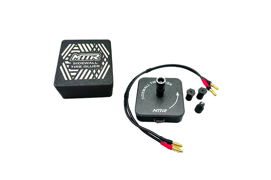 MTTR Sidewall Tire Gluer set for 1/10 RC touring cars, featuring a main unit with power cable, a storage case, and various adapters on a white background.