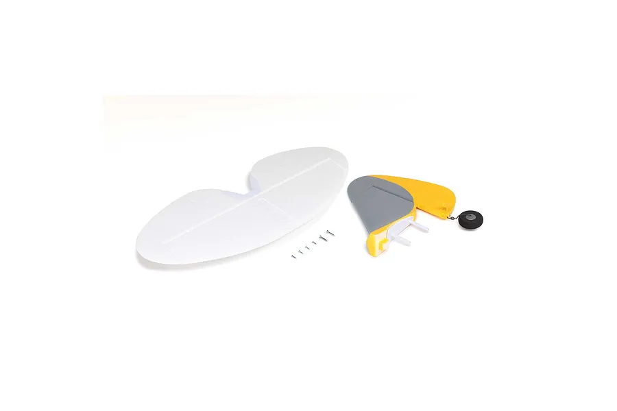HobbyZone tail set including a white horizontal stabilizer, a grey and yellow vertical stabilizer with a tail wheel, and several small mounting screws.