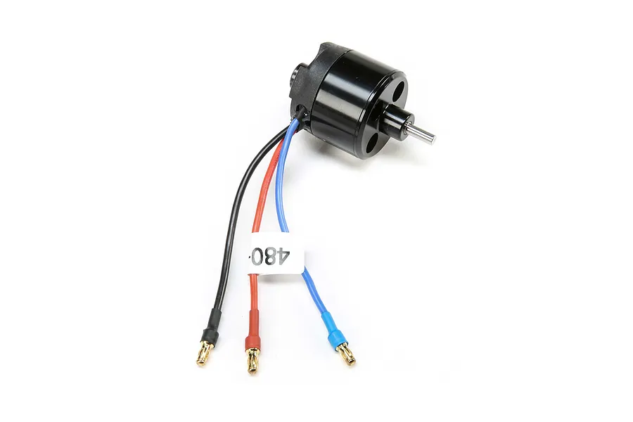 E-Flite 480 brushless motor with black casing, silver shaft, and three wires with bullet connectors and a label marked 480.