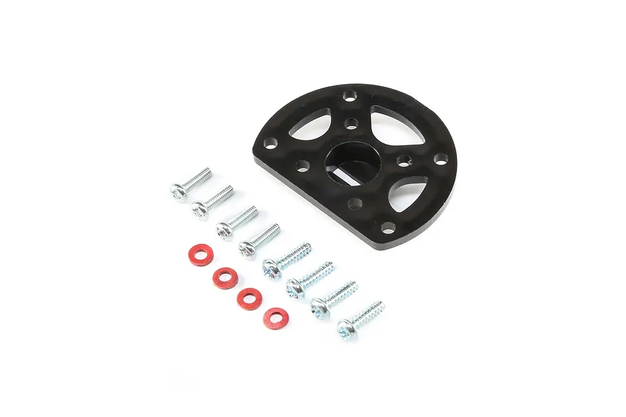 HobbyZone motor mount set including a black plastic mount, four red washers, and six silver metal screws on a white background.