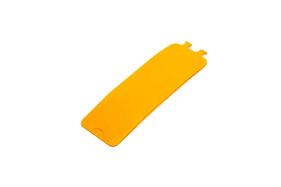 A yellow plastic battery hatch cover for a HobbyZone RC plane, shown from an angled top-down perspective against a white background.