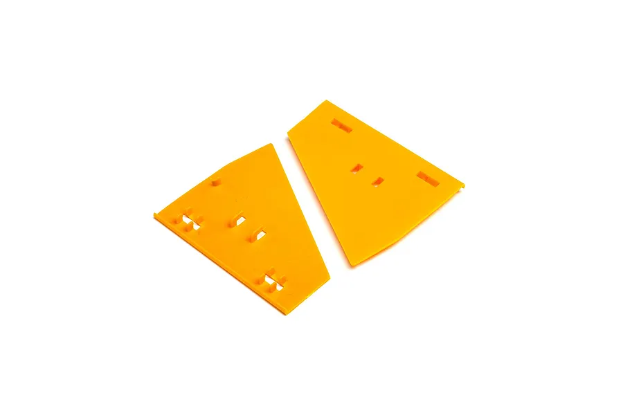 Two yellow plastic landing gear covers for a HobbyZone RC plane, shown from above on a white background.