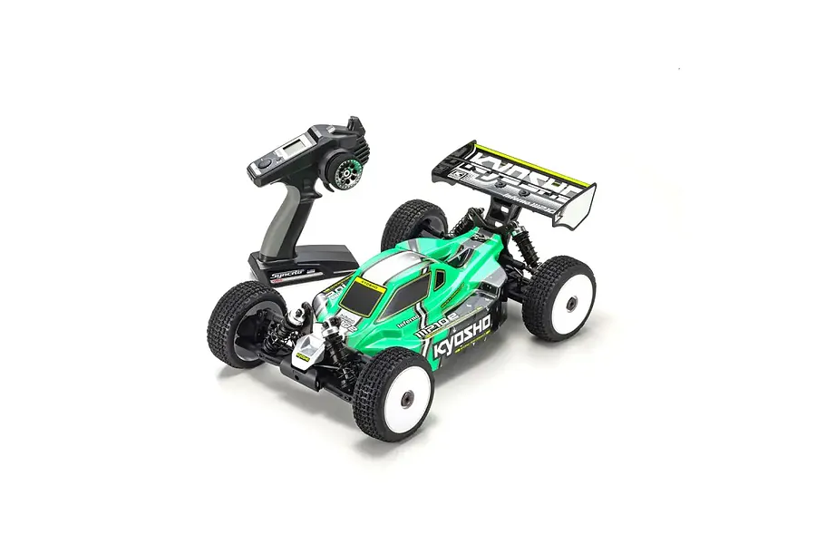 Kyosho Inferno MP10e 1/8 scale electric RC buggy in green with matching transmitter on a white background.