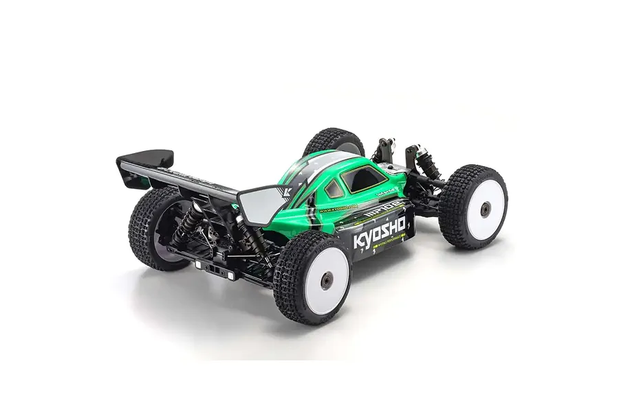 Rear three-quarter view of a green and black Kyosho Inferno MP10e 1/8 scale electric RC buggy on a white background.