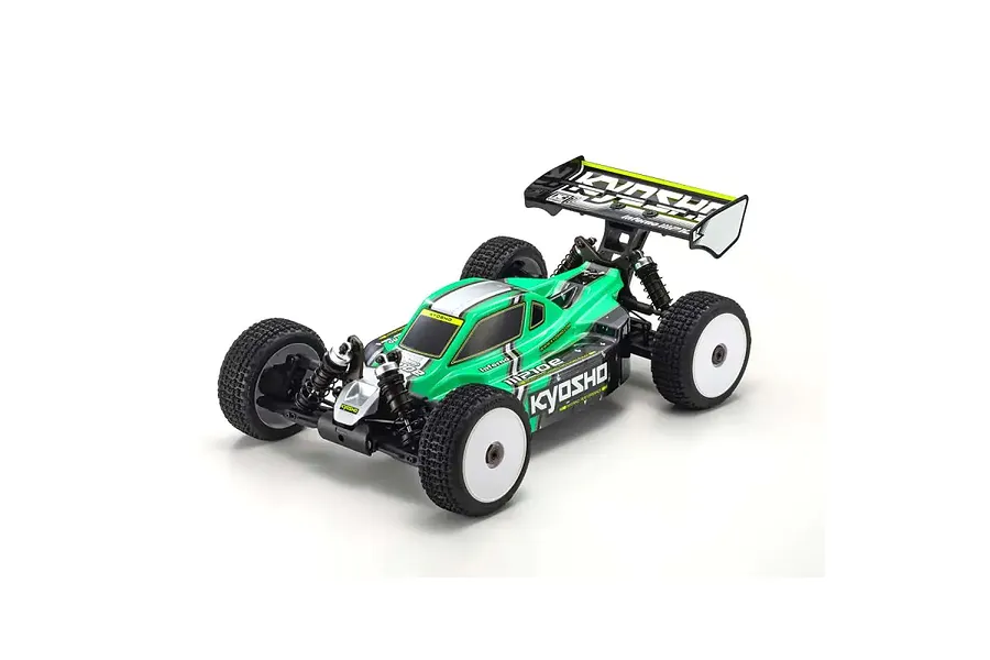 Kyosho Inferno MP10e 1/8 scale electric RC buggy in green and black with white wheels, viewed from a high angle against a white background.