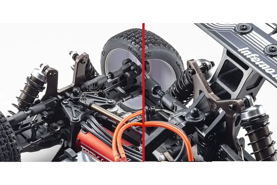 Close-up split view of the Kyosho Inferno MP10e RC buggy showing front and rear suspension, shock towers, and drivetrain components.