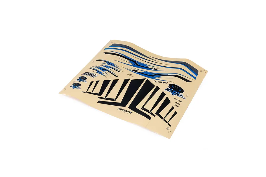 A sheet of E-Flite Habu SS RC plane decals featuring blue and black graphics, logos, and text on a tan backing paper.