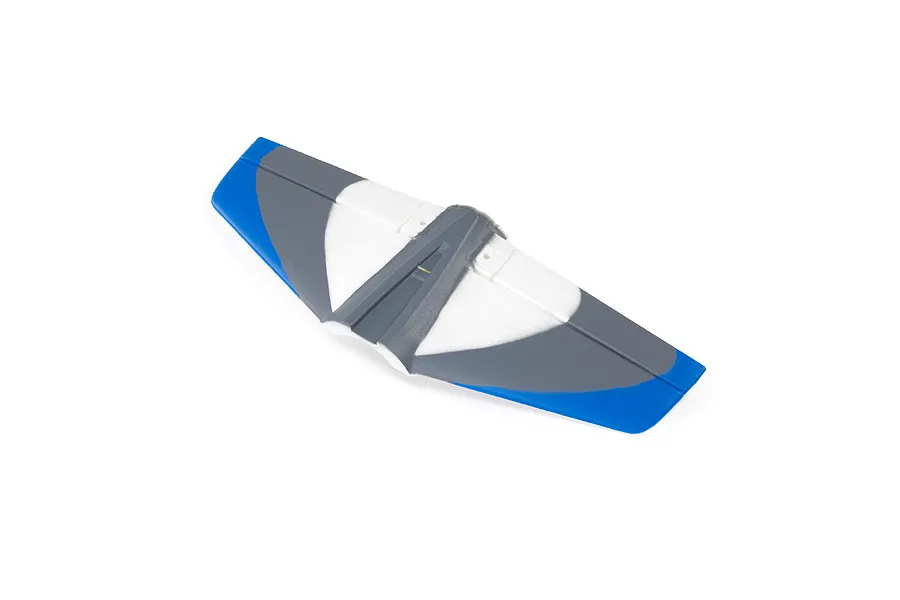 A white, grey, and blue foam horizontal stabiliser for an RC plane, isolated on a white background.