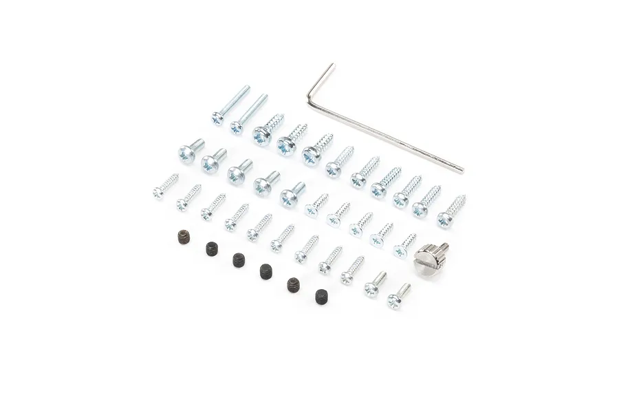 A collection of various metal screws, bolts, and a hex key for RC plane assembly.