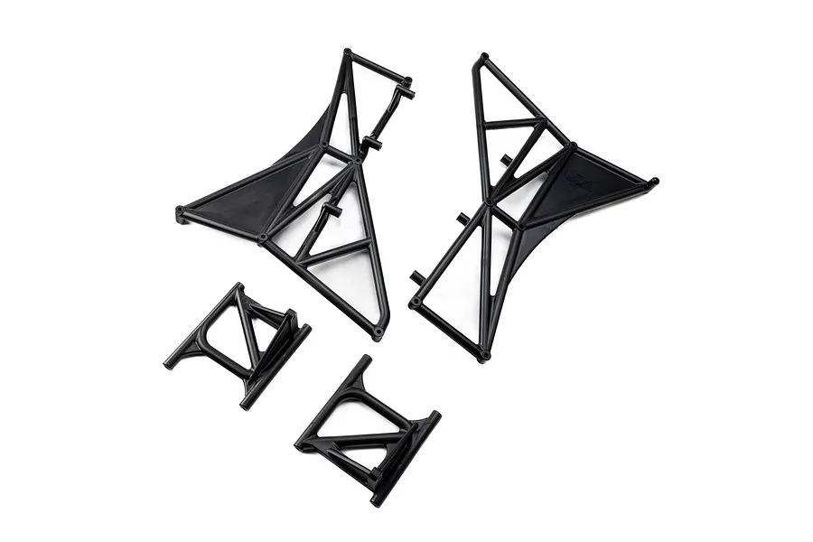 A set of four black plastic Losi RC rear fender mounts and roll cage components arranged on a white background.