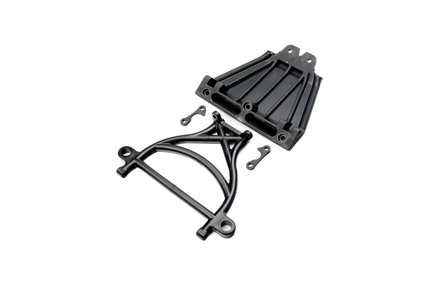 Losi front skid plate and brace set in black molded plastic, including a main skid plate, a support brace, and two small mounting links.