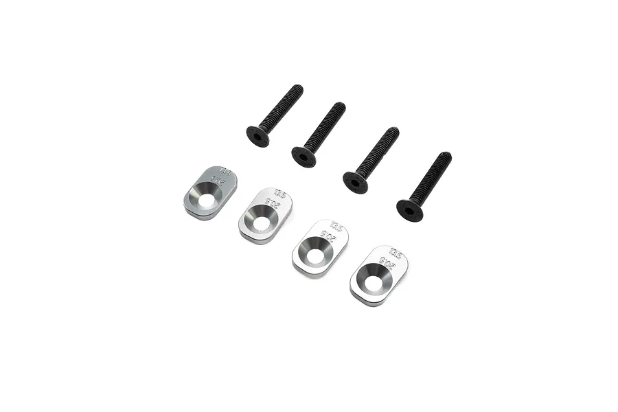 Losi aluminium motor mount inserts in silver with four matching black flat head screws, arranged on a white background.