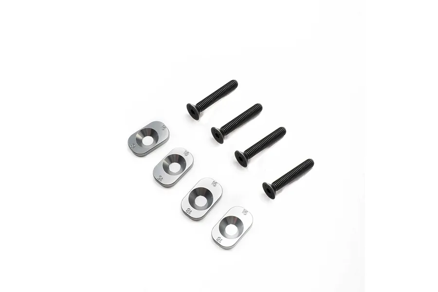 Four silver aluminium motor mount inserts and four black countersunk screws for Losi RC cars.
