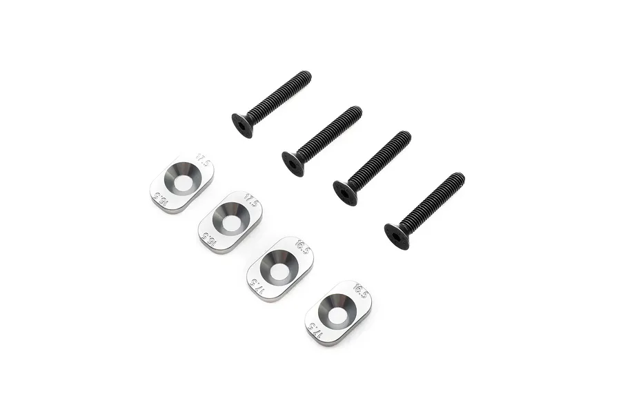 Four silver aluminium motor mount inserts and four black flat-head screws arranged on a white background.
