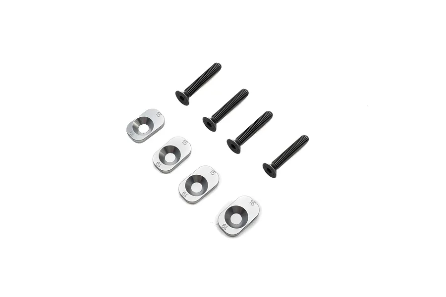 Four silver aluminium motor mount inserts and four black countersunk screws on a white background.