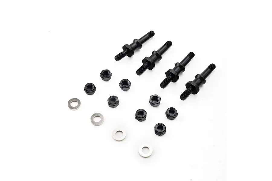 A set of four black steel shock mounts with accompanying nuts and washers on a white background.