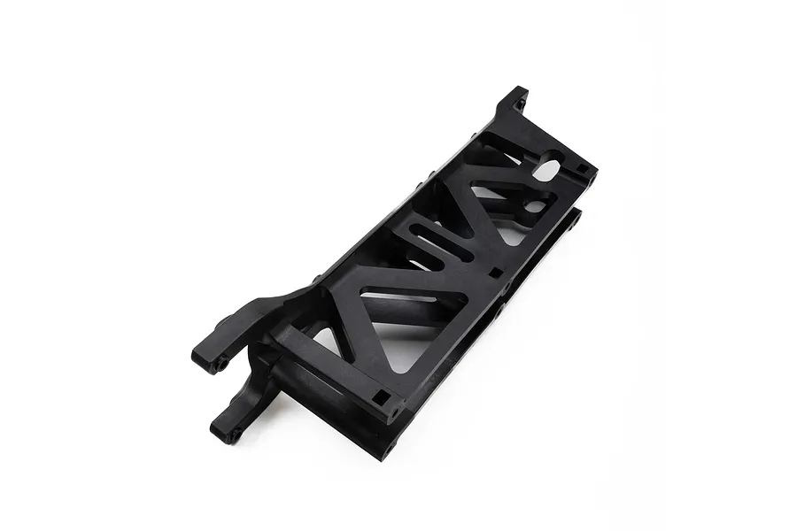A black molded plastic Losi rear chassis brace for an RC vehicle, shown from an angled perspective against a white background.