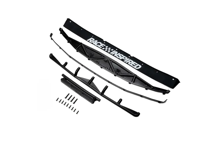 Losi RC front bumper and valance set in black, including mounting hardware and a Race Inspired decal on the bumper.