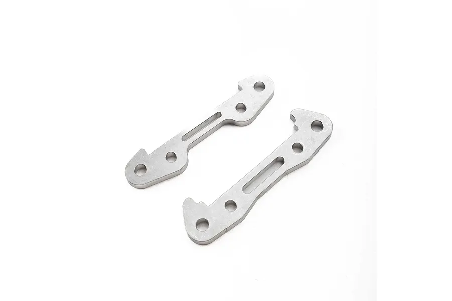 Two silver-coloured metal front hinge pin braces for a Losi RC vehicle, shown against a plain white background.