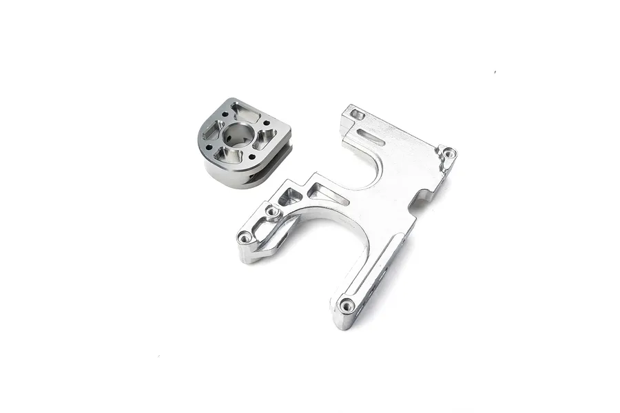 A silver Losi aluminium motor mount and mounting block set for RC vehicles on a white background.