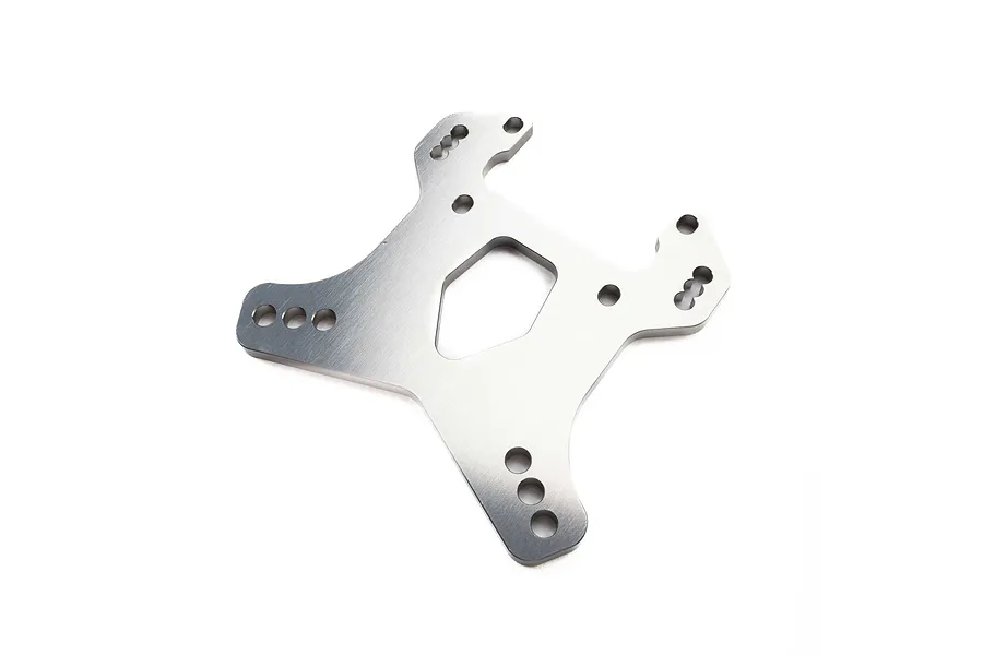 A silver Losi aluminium front shock tower for an RC vehicle, featuring multiple mounting holes and a central cutout, isolated on a white background.