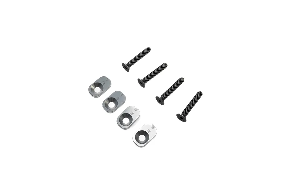 Four silver aluminium motor mount inserts and four black countersunk screws for Losi RC vehicles.