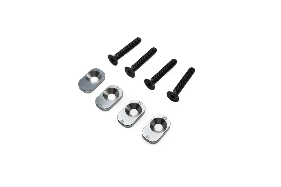 Four silver aluminium motor mount inserts and four black countersunk screws for Losi RC vehicles.