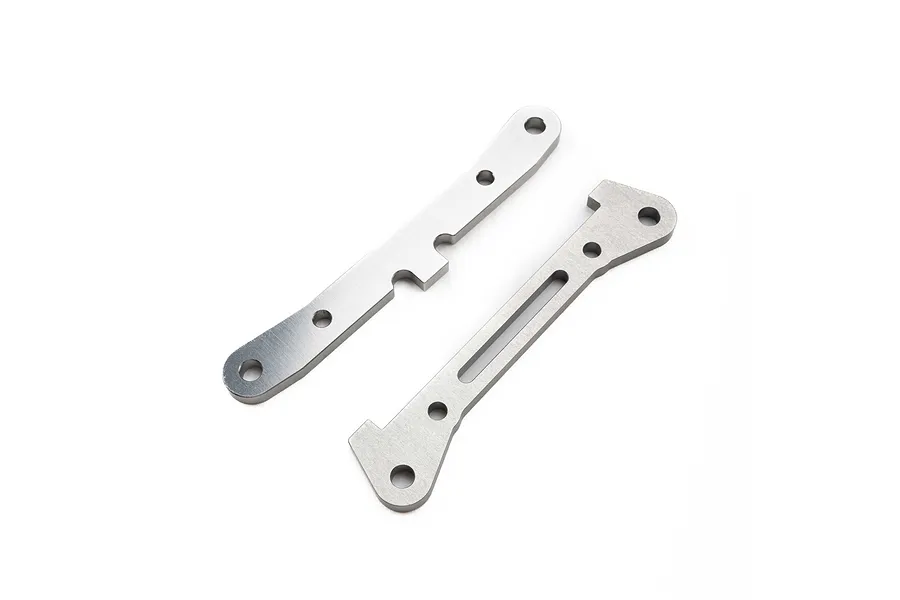 Two silver-coloured aluminium rear hinge pin braces for a Losi RC vehicle, shown on a plain white background.