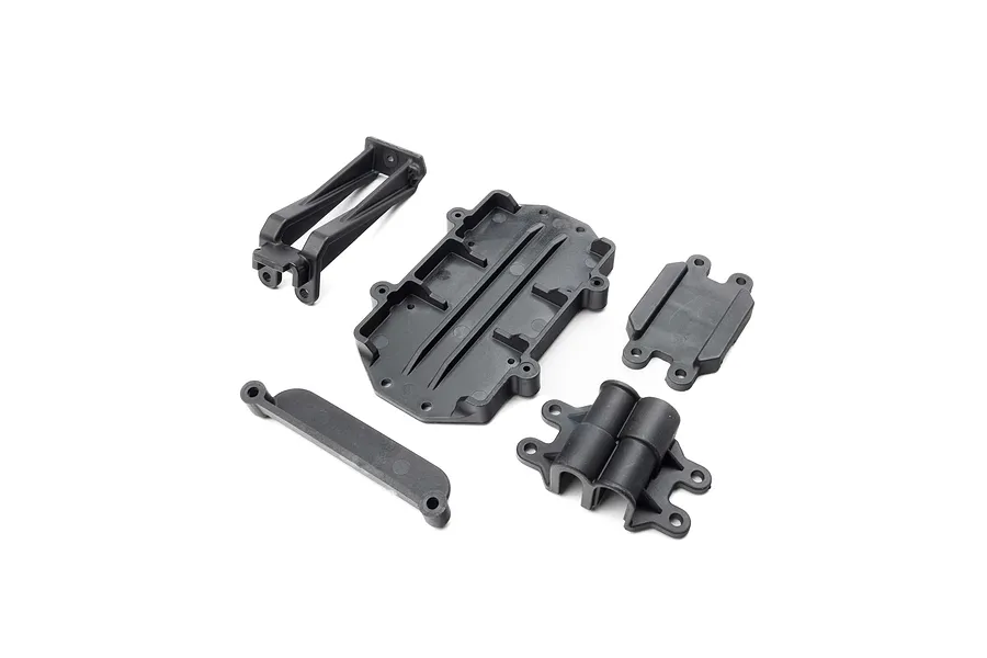 A set of black plastic Losi RC spare parts including an ESC tray, switch mount, and IC5 plug mount on a white background.