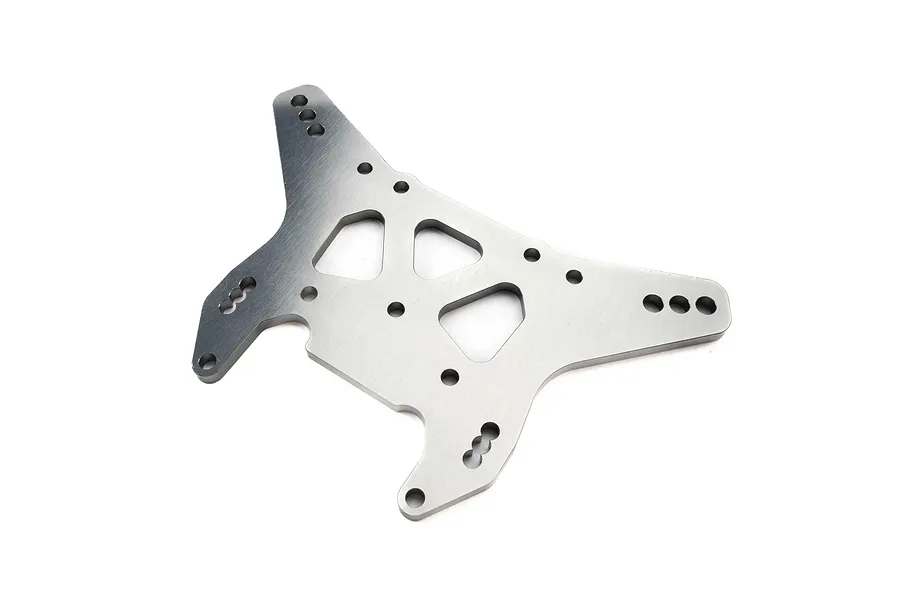 A silver Losi aluminium rear shock tower for RC vehicles, featuring multiple mounting holes and a lightweight cutout design.
