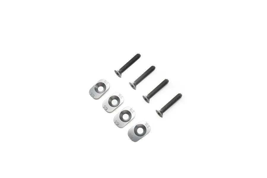 Four silver aluminium motor mount inserts and four black flat-head screws for Losi RC vehicles.