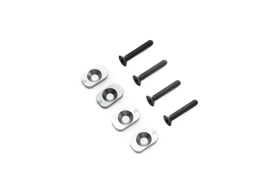 Four silver aluminium motor mount inserts marked with 17 and four black flat-head screws for Losi RC vehicles.