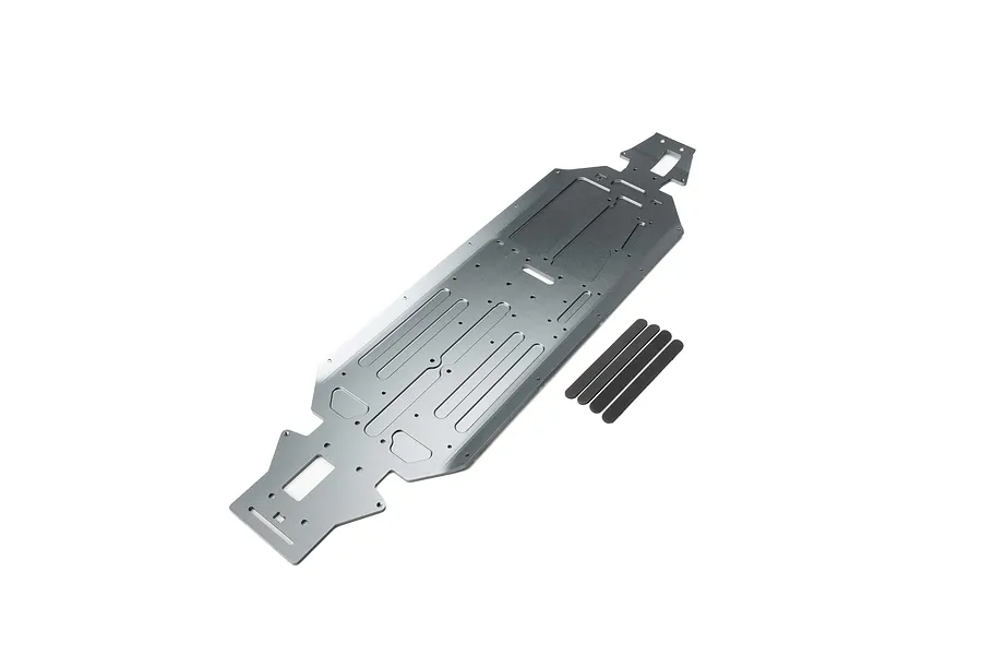 A silver aluminium RC main chassis plate for a Losi vehicle, shown from an elevated angle with four black adhesive foam strips included.