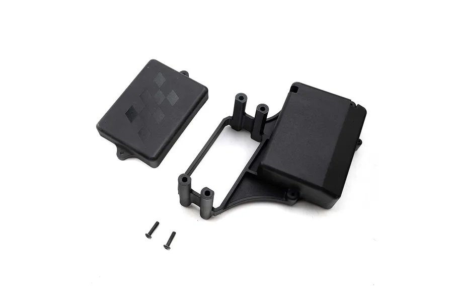 Losi black plastic servo mount and receiver box set with two small screws on a white background.