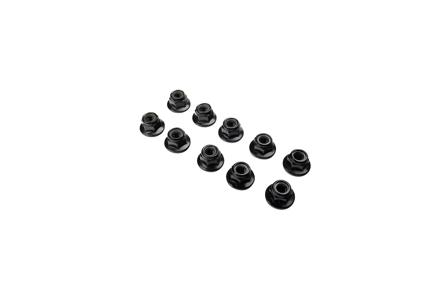 A set of ten black steel flanged nyloc nuts arranged in two rows on a white background.