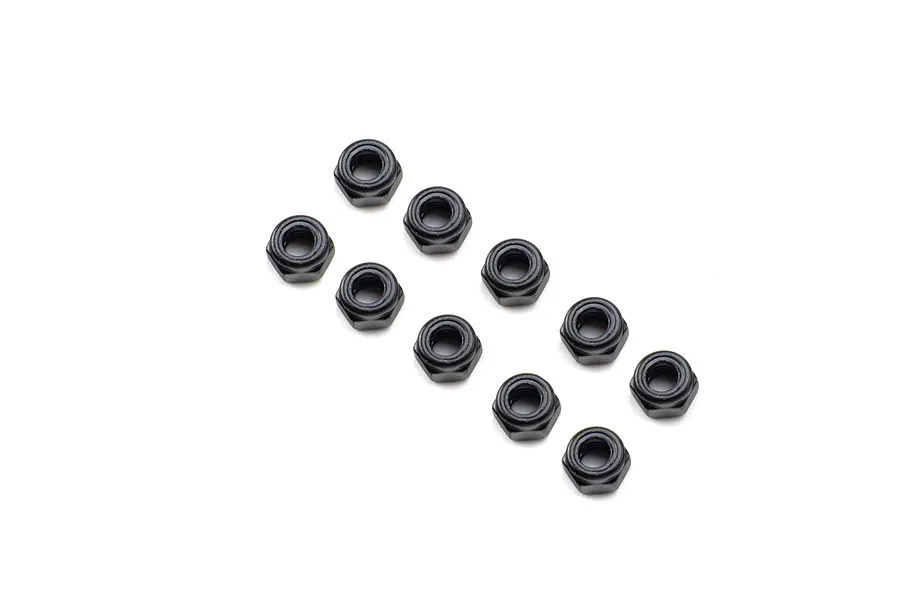 A set of ten black steel 6mm nyloc nuts arranged in a staggered pattern on a white background.