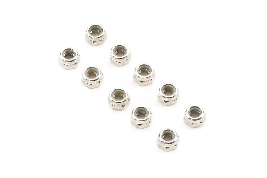 A set of ten silver-coloured 5mm nyloc nuts for RC vehicles arranged on a white background.