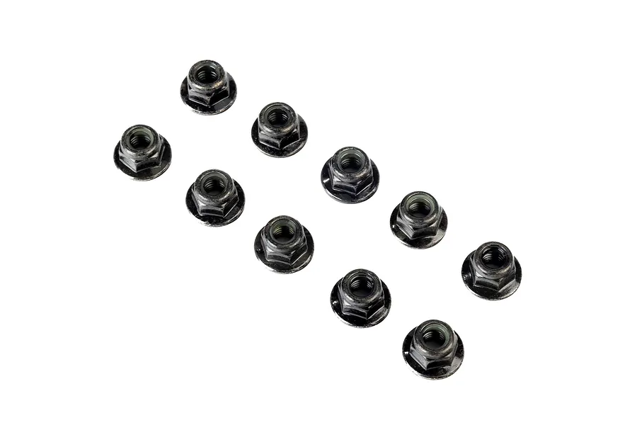 Ten black flanged nyloc nuts arranged in a grid pattern against a white background.