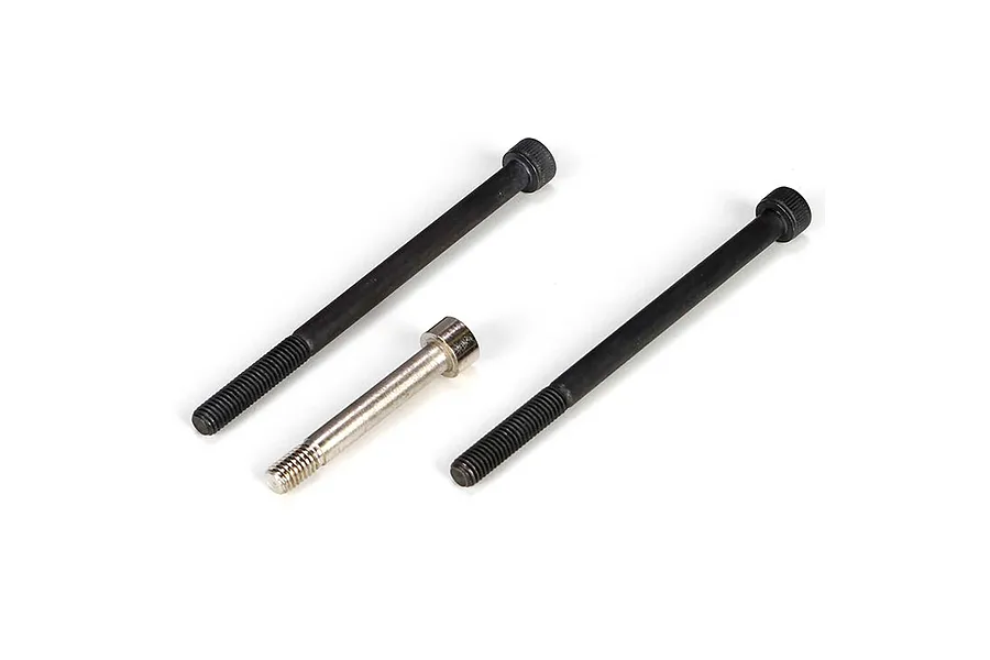 Three metal RC car screws, two long black ones and one shorter silver one, isolated on a white background.