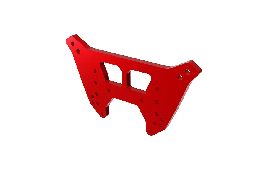 A red anodized aluminium rear shock tower for an ARRMA RC vehicle, featuring multiple mounting holes and a cutout design.