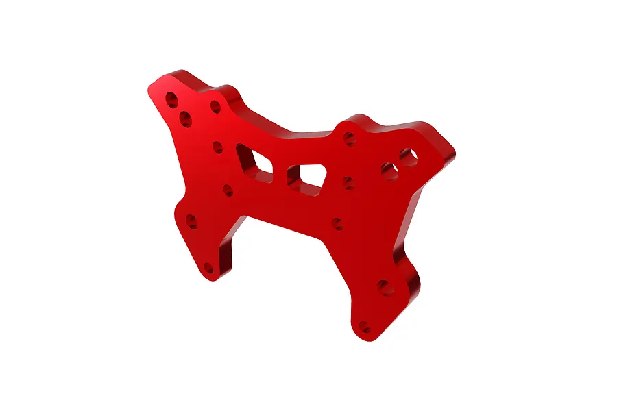 A red anodized aluminium front shock tower for an ARRMA RC vehicle, featuring multiple mounting holes and a cut-out design.