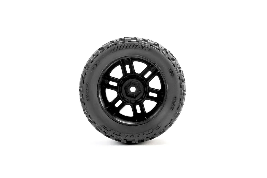 A single Pro-Line 1/16 scale Jaeger MT monster truck tyre mounted on a black split-six wheel, viewed from the front against a white background.