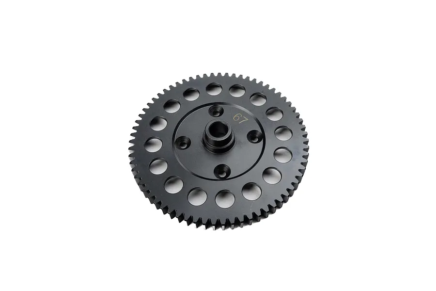 A black Losi 67T 1.5Mod steel centre differential spur gear for RC vehicles, featuring a circular design with weight-reduction holes.