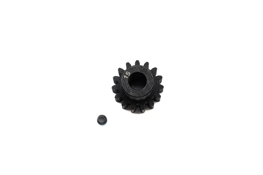 A black steel 15-tooth pinion gear for RC vehicles, shown with a small grub screw on a white background.