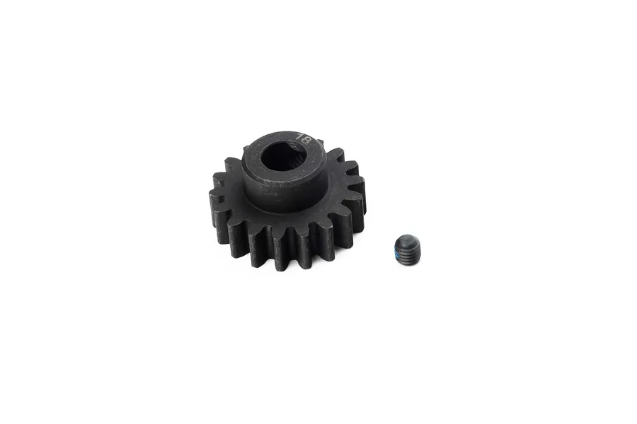 A black steel 18-tooth pinion gear with a matching grub screw on a white background.