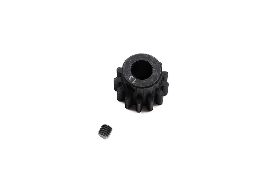 A black steel 13-tooth pinion gear with a grub screw, isolated on a white background.