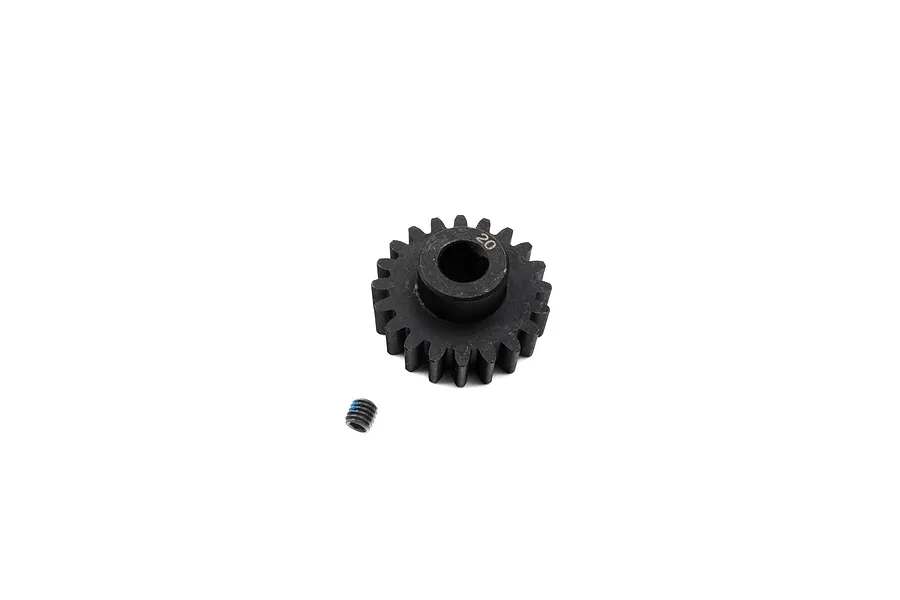 A black steel 20-tooth pinion gear with a small grub screw placed next to it on a white background.