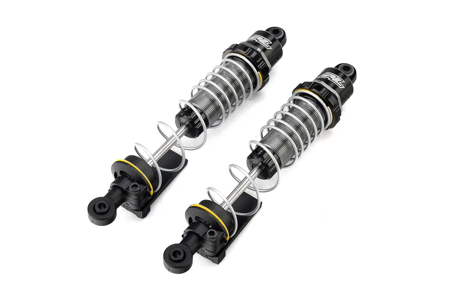 Two Pro-Line PowerStroke black aluminium rear RC shock absorbers with silver springs on a white background.