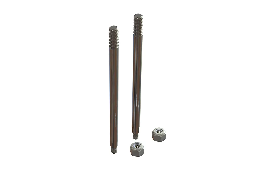 Two silver metal RC shock shafts and two matching locking nuts isolated on a white background.