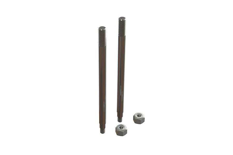 Two silver metal shock shafts and two matching lock nuts for RC suspension, shown against a plain white background.